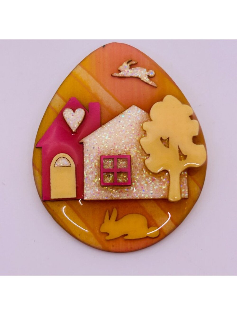 Vintage Lucinda Resin Easter Egg Brooch Pin Glitter House Bunny Rabbit Keepsake - Picture 2 of 13